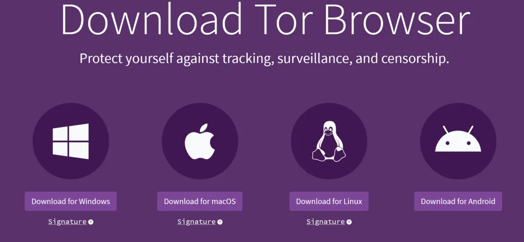 Official Tor Project download page showing Tor Browser packages for all operating systems